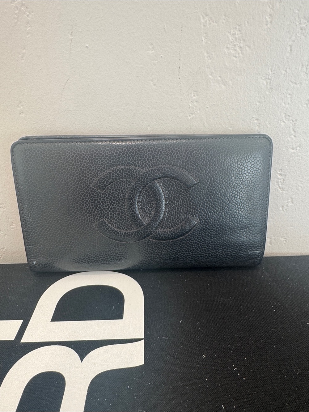 CHANEL Black Caviar Leather Long Wallet with CC Logo